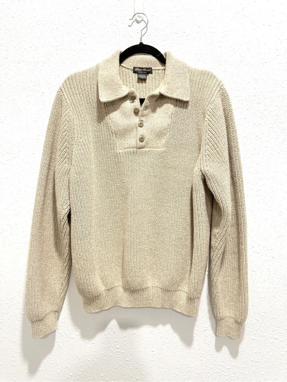 Eddie Bauer 100% cotton Men's Beige Knit Polo Sweater XL